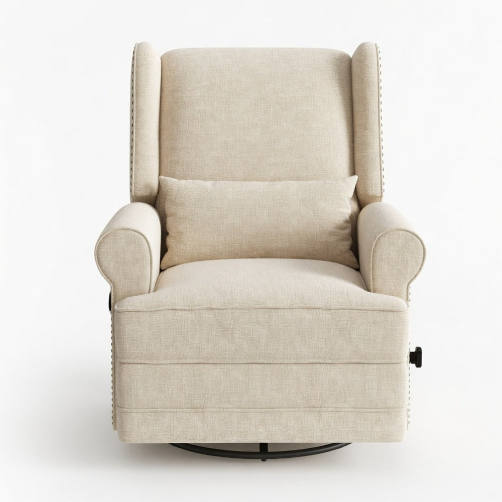 English Elm 34.25" Wide Beige Recliner Glider Swivel Chair with Lumbar Support and Pull-out Footrest B082P517259
