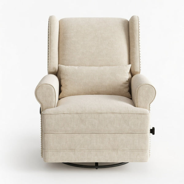English Elm 34.25" Wide Beige Recliner Glider Swivel Chair with Lumbar Support and Pull-out Footrest B082P517259