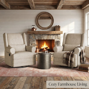 English Elm 34.25" Wide Beige Recliner Glider Swivel Chair with Lumbar Support and Pull-out Footrest B082P517259