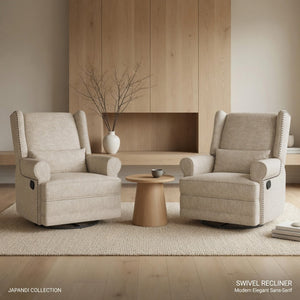 English Elm 34.25" Wide Beige Recliner Glider Swivel Chair with Lumbar Support and Pull-out Footrest B082P517259