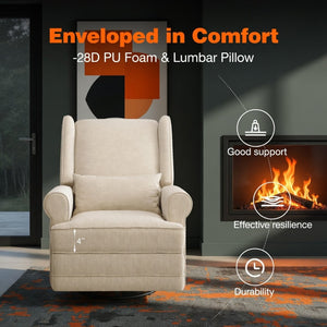 English Elm 34.25" Wide Beige Recliner Glider Swivel Chair with Lumbar Support and Pull-out Footrest B082P517259