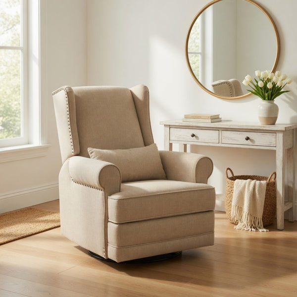 English Elm 34.25" Wide Beige Recliner Glider Swivel Chair with Lumbar Support and Pull-out Footrest B082P517259