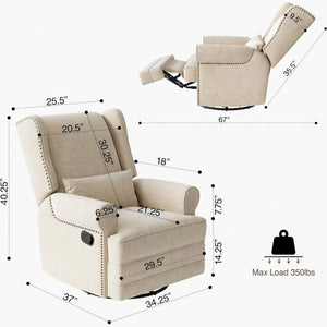 English Elm 34.25" Wide Beige Recliner Glider Swivel Chair with Lumbar Support and Pull-out Footrest B082P517259