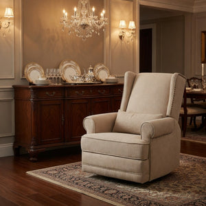 English Elm 34.25" Wide Beige Recliner Glider Swivel Chair with Lumbar Support and Pull-out Footrest B082P517259