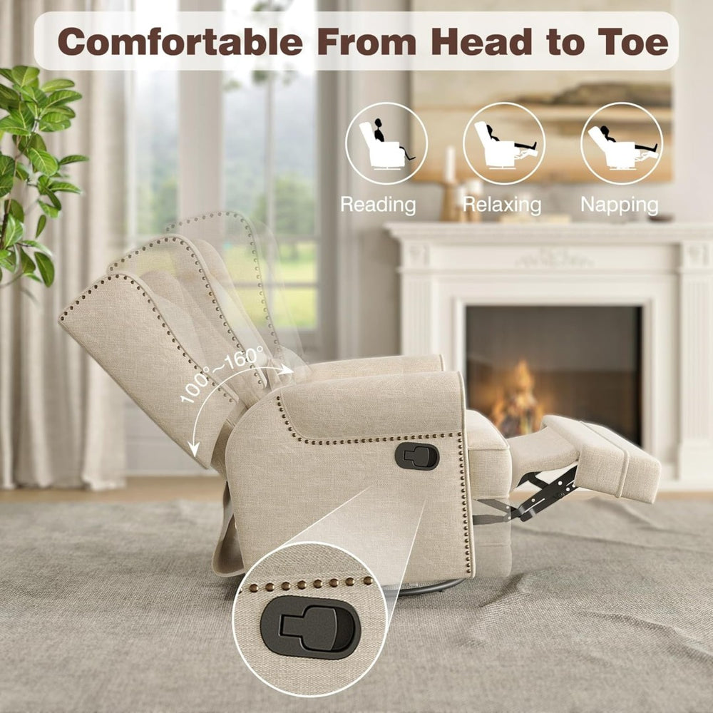 English Elm 34.25" Wide Beige Recliner Glider Swivel Chair with Lumbar Support and Pull-out Footrest B082P517259