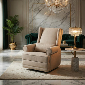 English Elm 34.25" Wide Beige Recliner Glider Swivel Chair with Lumbar Support and Pull-out Footrest B082P517259