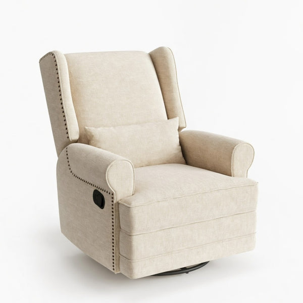 English Elm 34.25" Wide Beige Recliner Glider Swivel Chair with Lumbar Support and Pull-out Footrest B082P517259