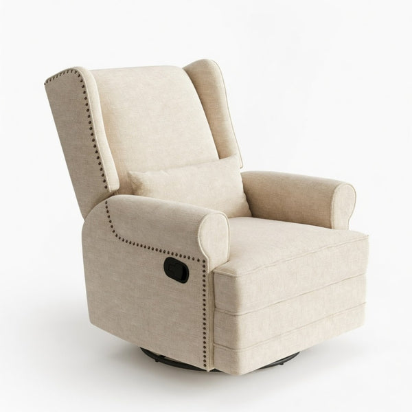 English Elm 34.25" Wide Beige Recliner Glider Swivel Chair with Lumbar Support and Pull-out Footrest B082P517259