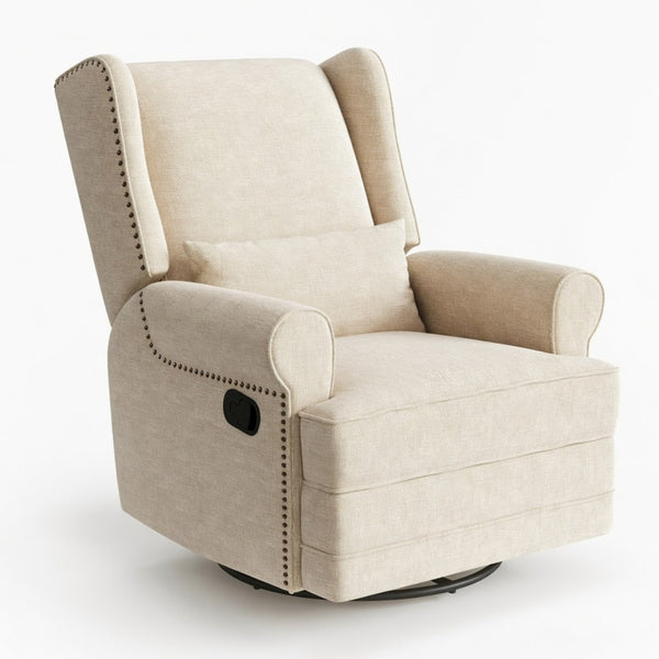 English Elm 34.25" Wide Beige Recliner Glider Swivel Chair with Lumbar Support and Pull-out Footrest B082P517259