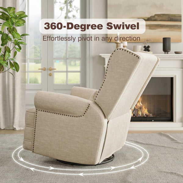 English Elm 34.25" Wide Beige Recliner Glider Swivel Chair with Lumbar Support and Pull-out Footrest B082P517259