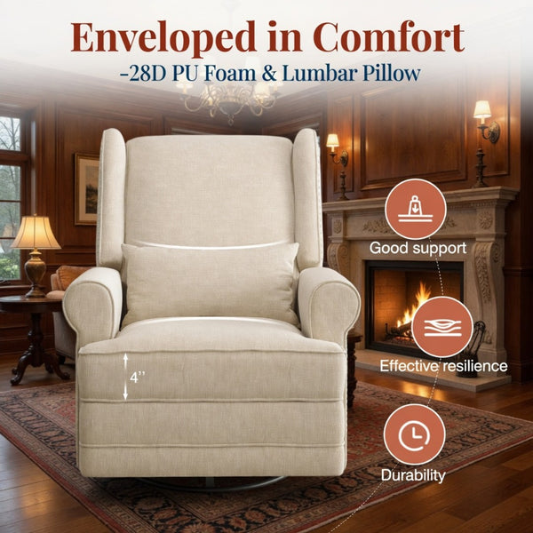 English Elm 34.25" Wide Beige Recliner Glider Swivel Chair with Lumbar Support and Pull-out Footrest B082P517259
