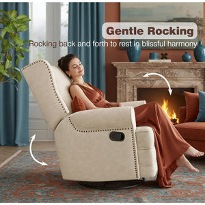 English Elm 34.25" Wide Beige Recliner Glider Swivel Chair with Lumbar Support and Pull-out Footrest B082P517259