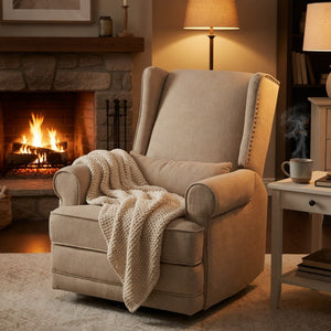 English Elm 34.25" Wide Beige Recliner Glider Swivel Chair with Lumbar Support and Pull-out Footrest B082P517259