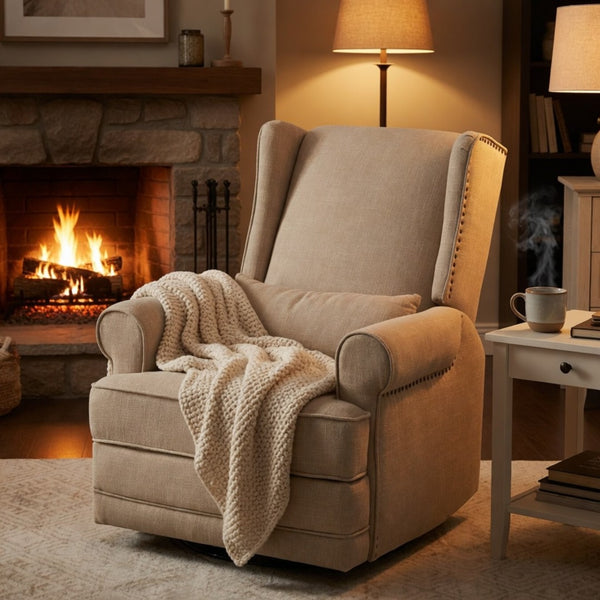 English Elm 34.25" Wide Beige Recliner Glider Swivel Chair with Lumbar Support and Pull-out Footrest B082P517259