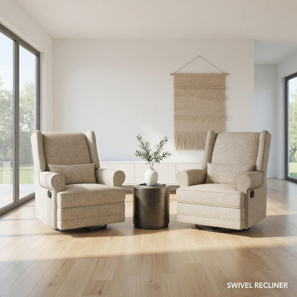 English Elm 34.25" Wide Beige Recliner Glider Swivel Chair with Lumbar Support and Pull-out Footrest B082P517259