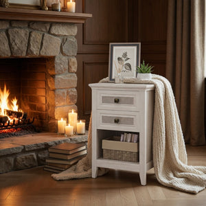 English Elm 17.7" Rattan Front Nightstand with Two Drawers Open Shelf Boho Coastal Bedroom B082P517260