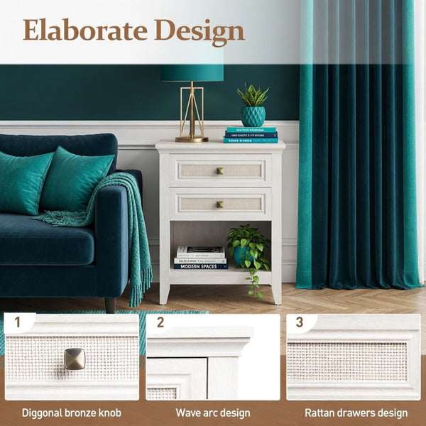 English Elm 17.7" Rattan Front Nightstand with Two Drawers Open Shelf Boho Coastal Bedroom B082P517260