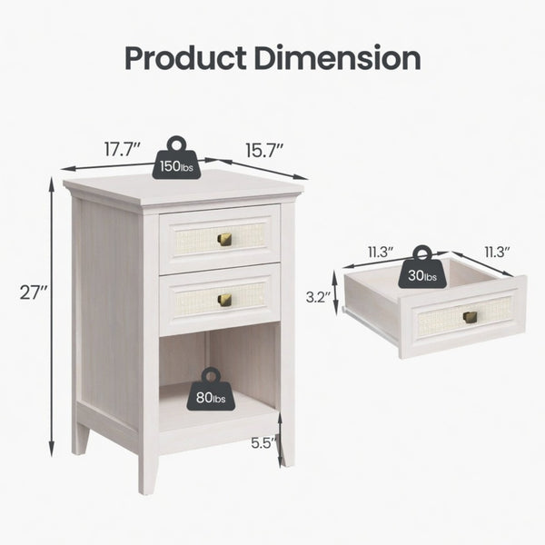 English Elm 17.7" Rattan Front Nightstand with Two Drawers Open Shelf Boho Coastal Bedroom B082P517260