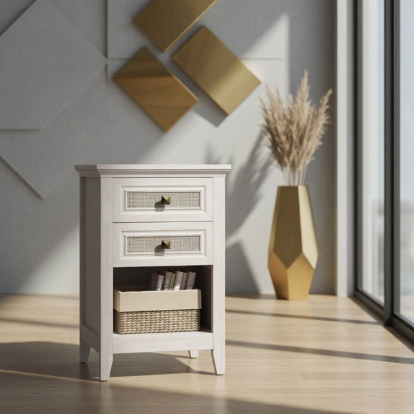 English Elm 17.7" Rattan Front Nightstand with Two Drawers Open Shelf Boho Coastal Bedroom B082P517260