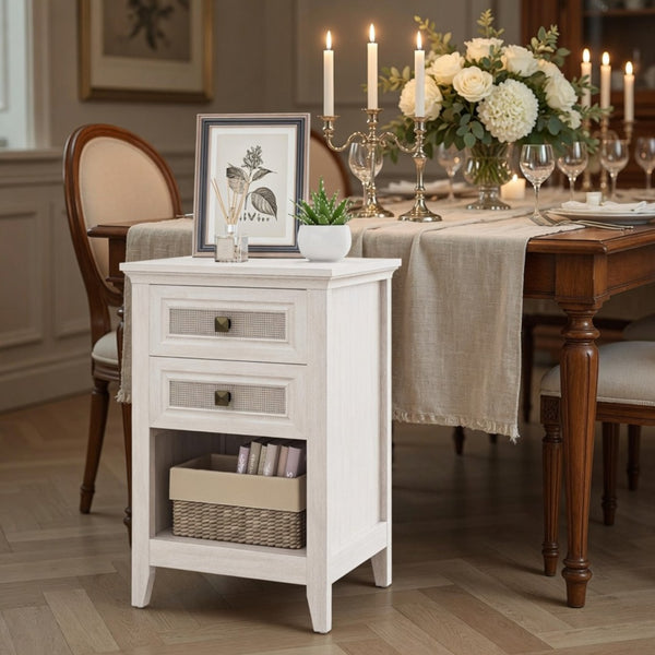 English Elm 17.7" Rattan Front Nightstand with Two Drawers Open Shelf Boho Coastal Bedroom B082P517260