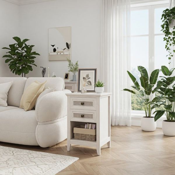 English Elm 17.7" Rattan Front Nightstand with Two Drawers Open Shelf Boho Coastal Bedroom B082P517260