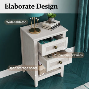 English Elm 17.7" Rattan Front Nightstand with Two Drawers Open Shelf Boho Coastal Bedroom B082P517260