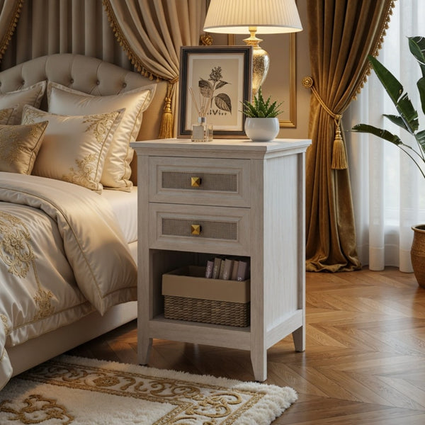 English Elm 17.7" Rattan Front Nightstand with Two Drawers Open Shelf Boho Coastal Bedroom B082P517260