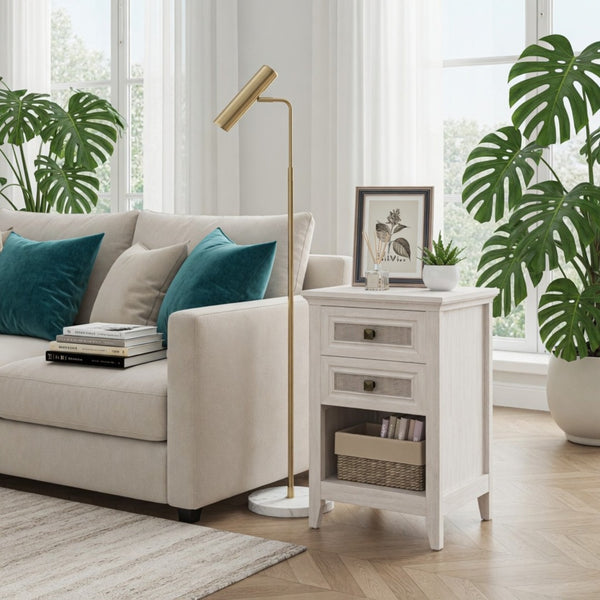 English Elm 17.7" Rattan Front Nightstand with Two Drawers Open Shelf Boho Coastal Bedroom B082P517260