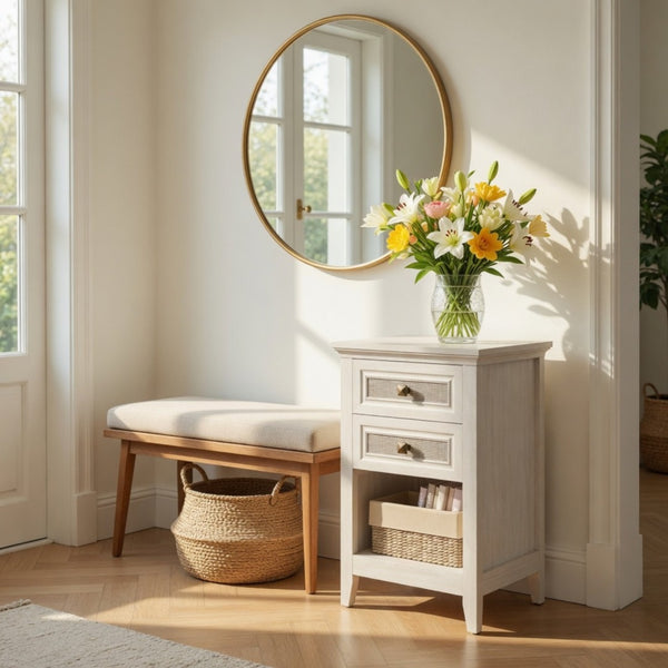 English Elm 17.7" Rattan Front Nightstand with Two Drawers Open Shelf Boho Coastal Bedroom B082P517260
