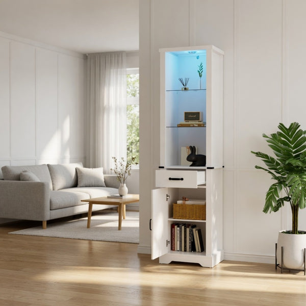 English Elm 75 Inch White Farmhouse Storage Cabinet with Sliding Barn Door and Built-in Led Shelves B082P517261