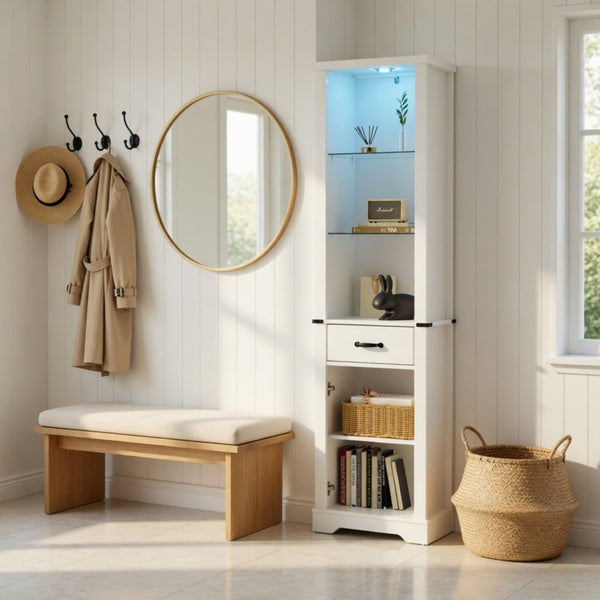 English Elm 75 Inch White Farmhouse Storage Cabinet with Sliding Barn Door and Built-in Led Shelves B082P517261