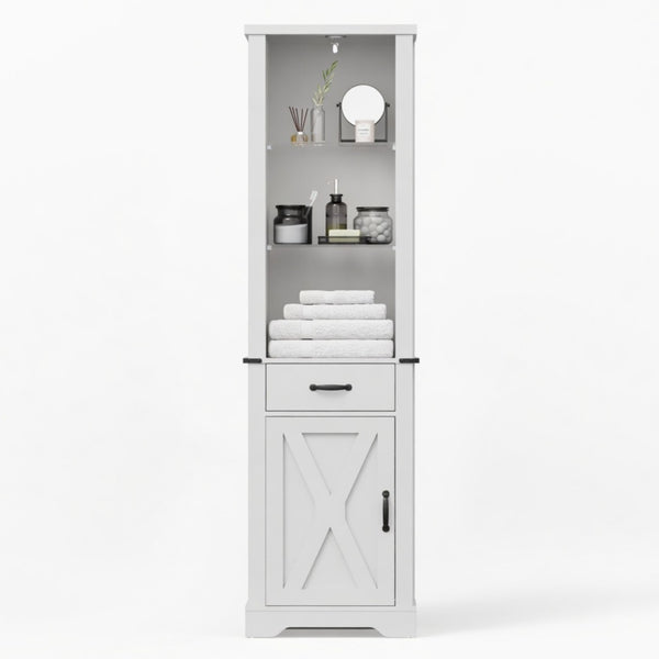 English Elm 75 Inch White Farmhouse Storage Cabinet with Sliding Barn Door and Built-in Led Shelves B082P517261