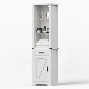 English Elm 75 Inch White Farmhouse Storage Cabinet with Sliding Barn Door and Built-in Led Shelves B082P517261