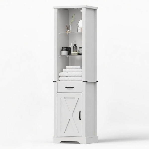 English Elm 75 Inch White Farmhouse Storage Cabinet with Sliding Barn Door and Built-in Led Shelves B082P517261