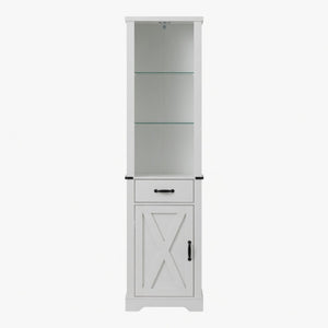 English Elm 75 Inch White Farmhouse Storage Cabinet with Sliding Barn Door and Built-in Led Shelves B082P517261
