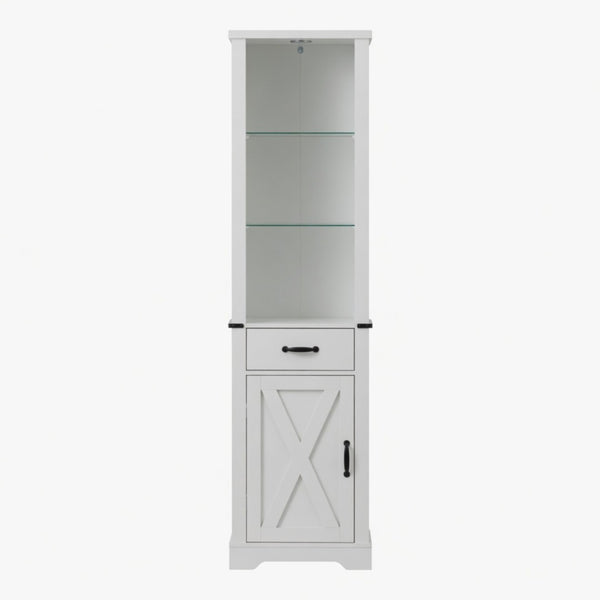 English Elm 75 Inch White Farmhouse Storage Cabinet with Sliding Barn Door and Built-in Led Shelves B082P517261