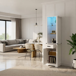 English Elm 75 Inch White Farmhouse Storage Cabinet with Sliding Barn Door and Built-in Led Shelves B082P517261