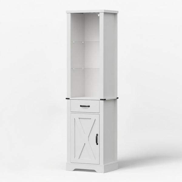 English Elm 75 Inch White Farmhouse Storage Cabinet with Sliding Barn Door and Built-in Led Shelves B082P517261