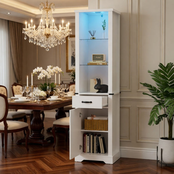 English Elm 75 Inch White Farmhouse Storage Cabinet with Sliding Barn Door and Built-in Led Shelves B082P517261