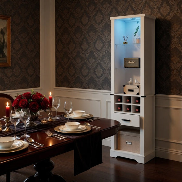 English Elm 75 Inch White Farmhouse Pantry Cabinet with Barn Door Led Lighting and Wine Storage B082P517262