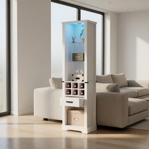 English Elm 75 Inch White Farmhouse Pantry Cabinet with Barn Door Led Lighting and Wine Storage B082P517262
