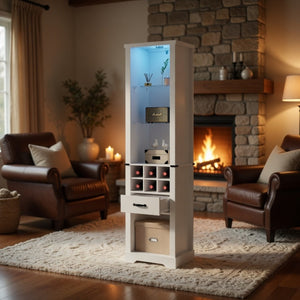 English Elm 75 Inch White Farmhouse Pantry Cabinet with Barn Door Led Lighting and Wine Storage B082P517262