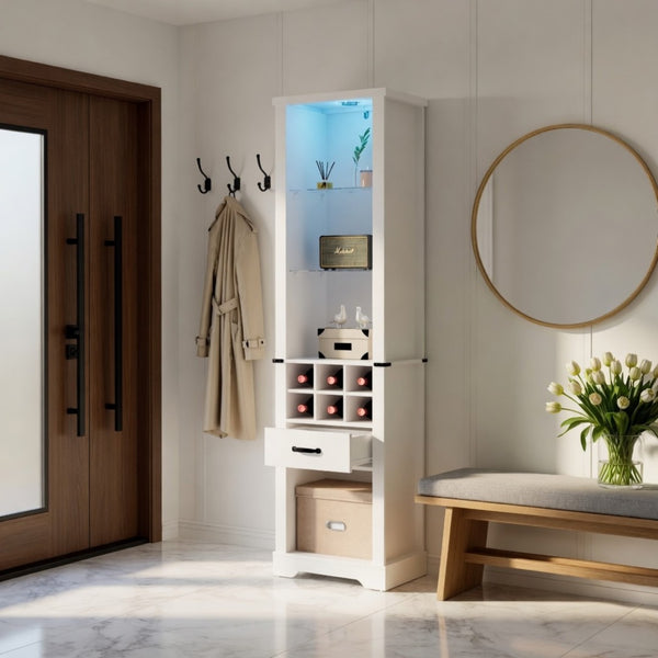 English Elm 75 Inch White Farmhouse Pantry Cabinet with Barn Door Led Lighting and Wine Storage B082P517262