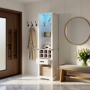 English Elm 75 Inch White Farmhouse Pantry Cabinet with Barn Door Led Lighting and Wine Storage B082P517262
