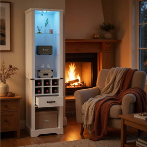 English Elm 75 Inch White Farmhouse Pantry Cabinet with Barn Door Led Lighting and Wine Storage B082P517262