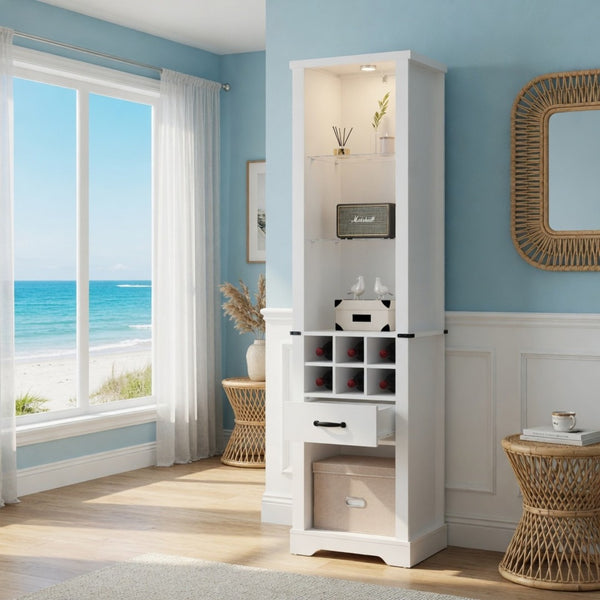 English Elm 75 Inch White Farmhouse Pantry Cabinet with Barn Door Led Lighting and Wine Storage B082P517262