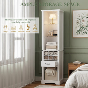 English Elm 75 Inch White Farmhouse Pantry Cabinet with Barn Door Led Lighting and Wine Storage B082P517262