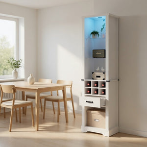 English Elm 75 Inch White Farmhouse Pantry Cabinet with Barn Door Led Lighting and Wine Storage B082P517262