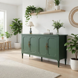 English Elm 58.9 Inch Sage Credenza with Carved Bronze Hardware Solid Wood Legs Dining Storage Green B082P517263