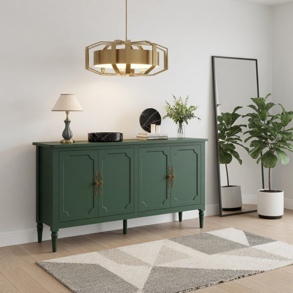English Elm 58.9 Inch Sage Credenza with Carved Bronze Hardware Solid Wood Legs Dining Storage Green B082P517263